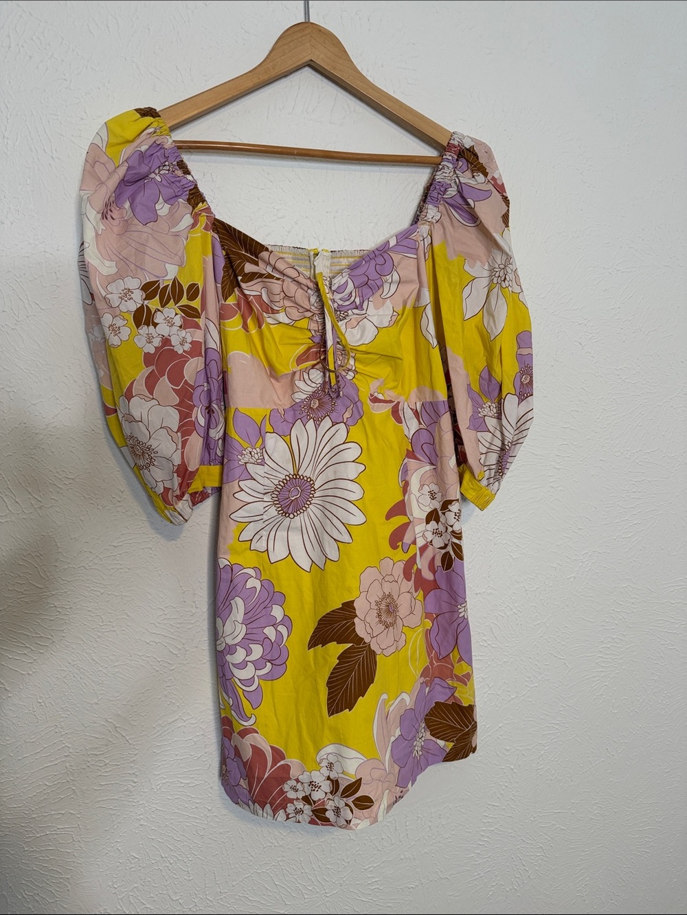 Cara Cara Floral Puff Sleeve Mini Dress Size Medium Yellow Pink